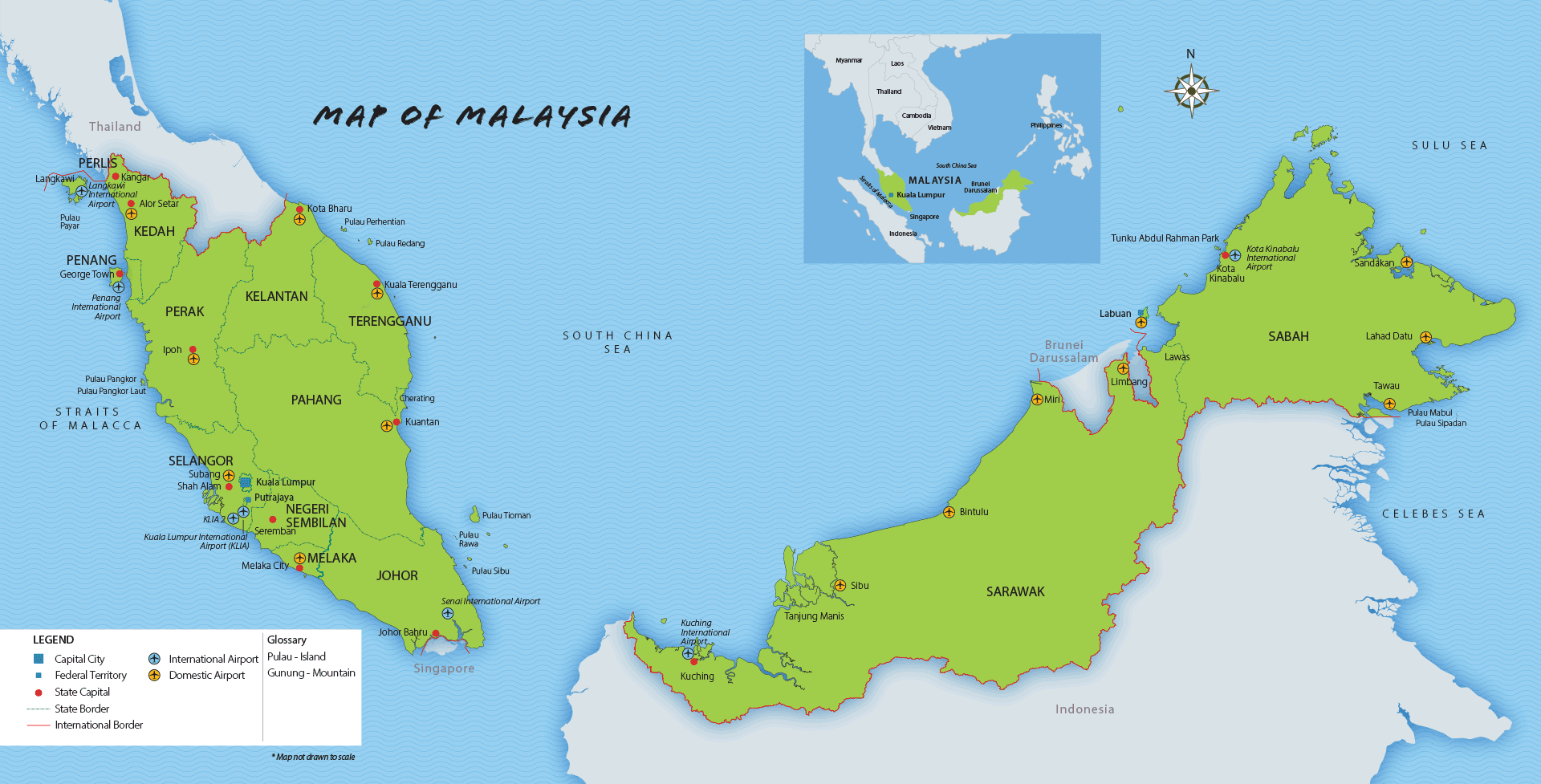 Малайзия политическая. Карта Малайзии с островами. Административное деление Малайзии.